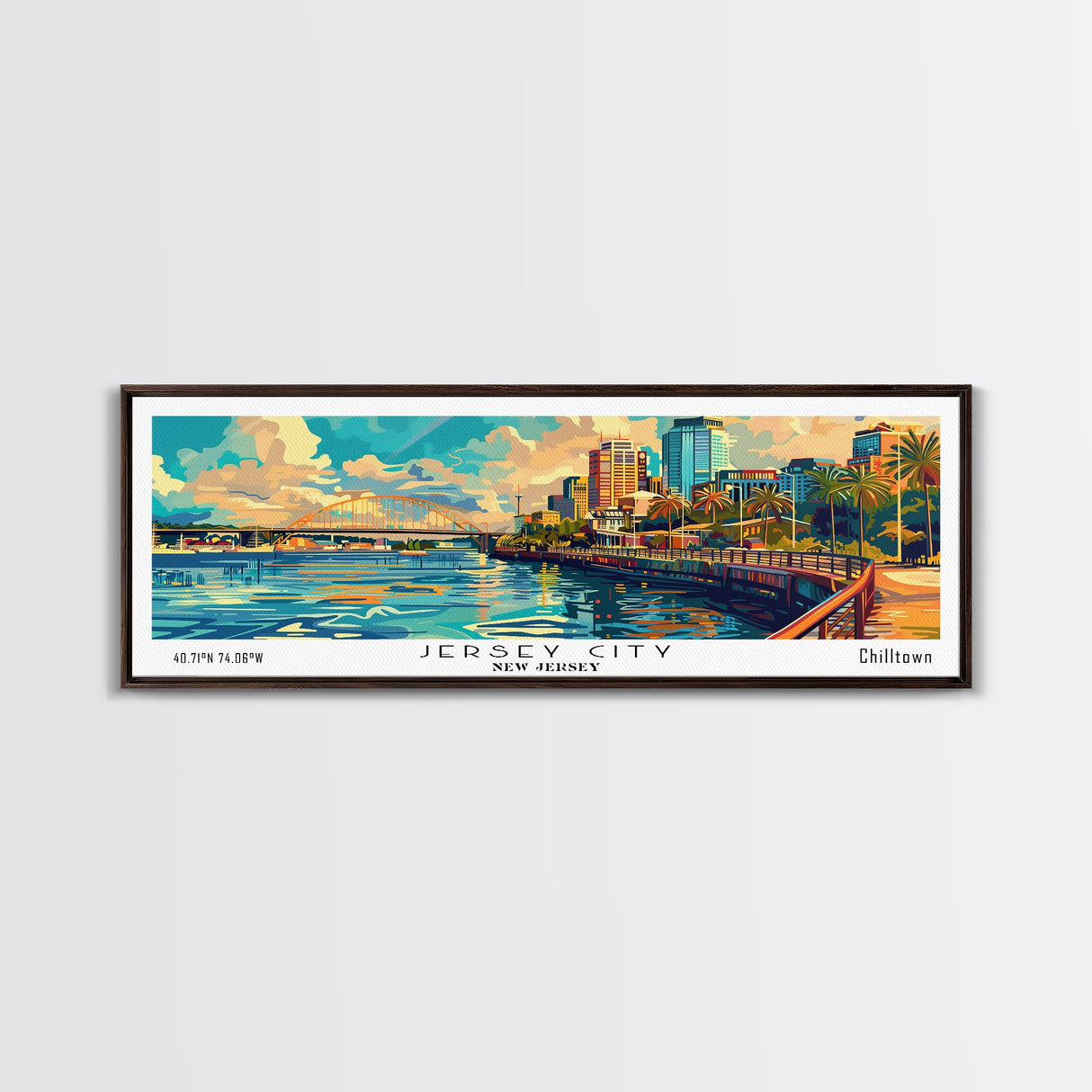 Jersey City New Jersey Panoramic Framed Canvas Print, Retro Style Wall Art, Mid Century Modern Home Decor, Pop Art Travel Poster