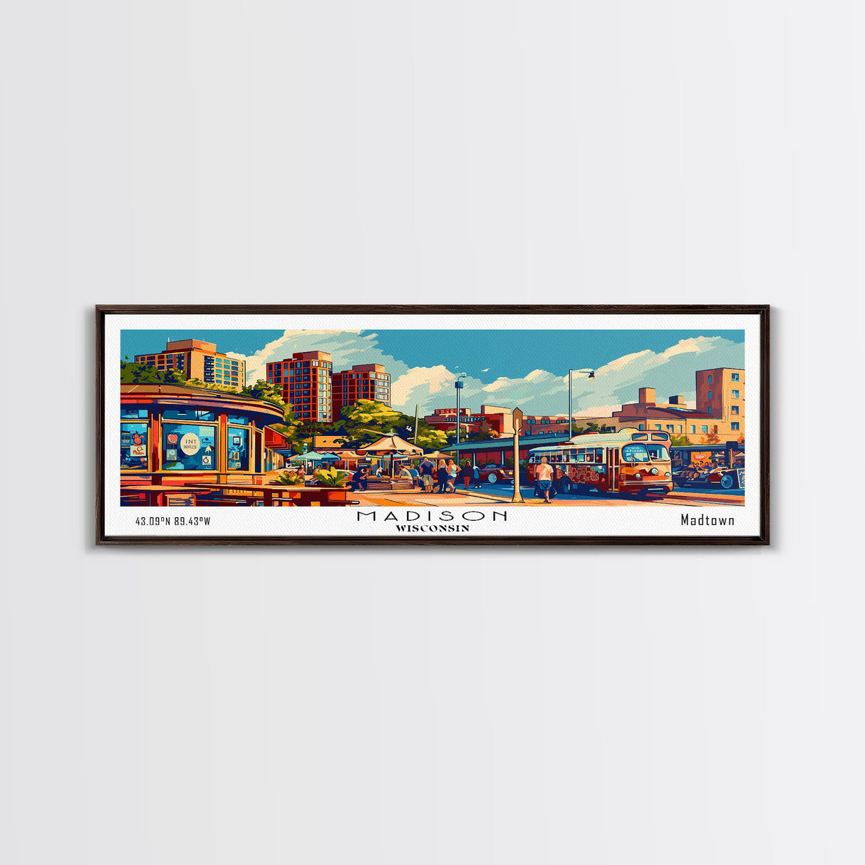 Madison Wisconsin Panoramic Painting, Mid Century Modern Framed Canvas Print, Retro Style Wall Art, Pop Art Travel Poster