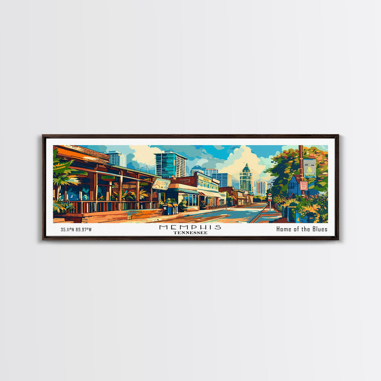 Memphis Tennessee Panoramic Framed Canvas Print, Retro Style Wall Art, Mid Century Modern Home Decor, Pop Art Travel Poster