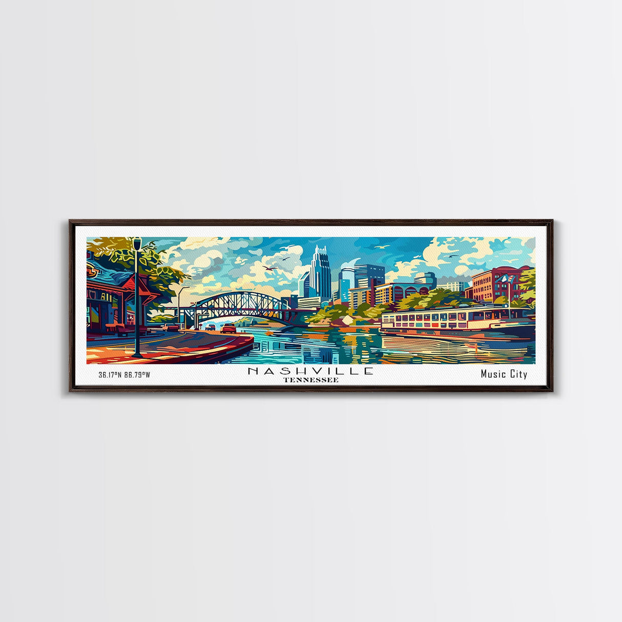 Nashville Tennessee Panoramic Framed Canvas Print, Mid Century Modern Pop Art, Retro Wall Art Decor, Travel Poster Painting