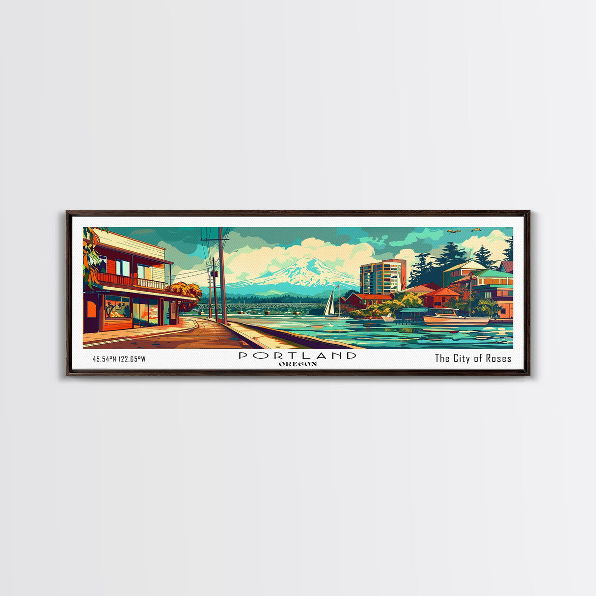 Portland Oregon Panoramic Painting, Mid Century Modern Framed Canvas Print, Retro Style Wall Art, Pop Art Travel Poster