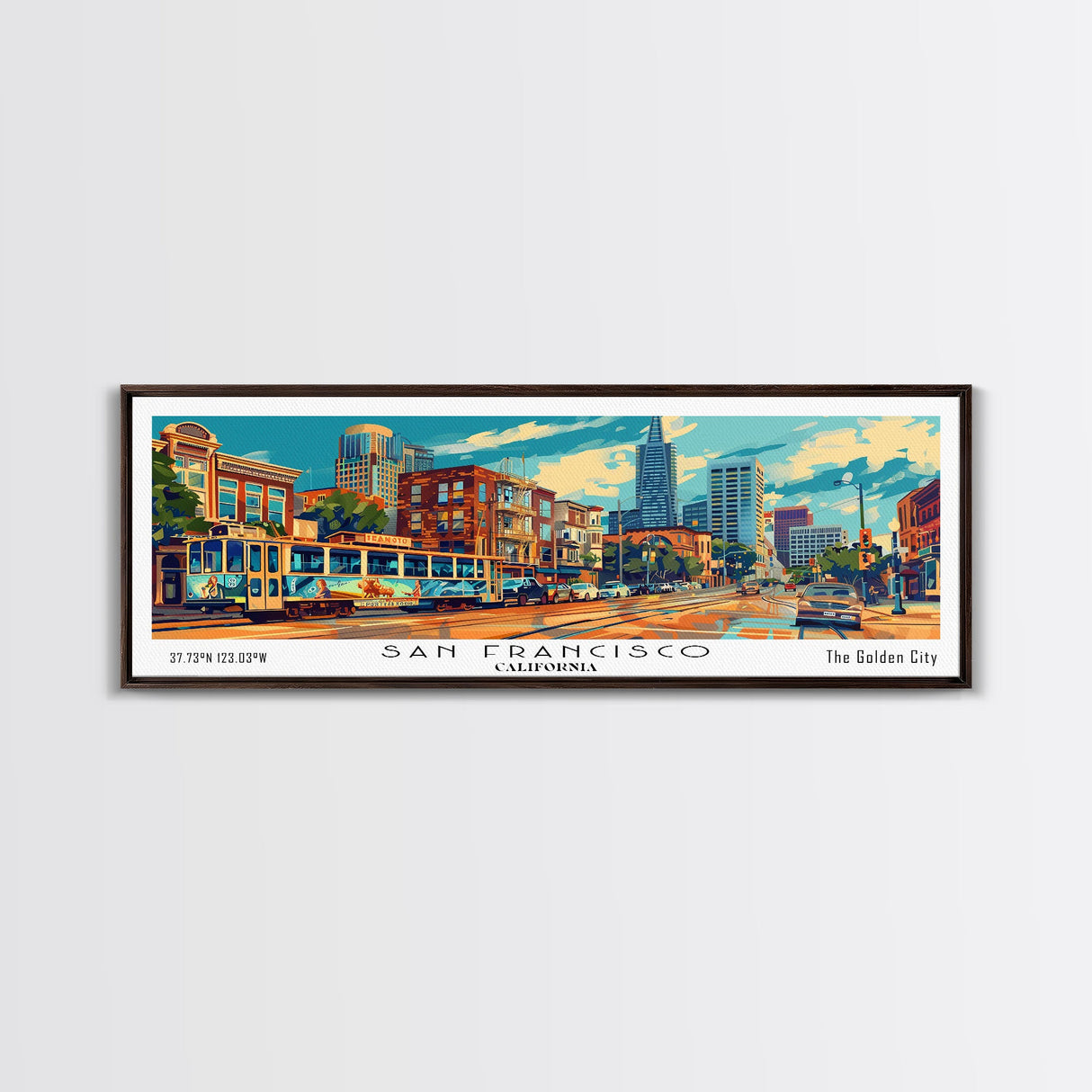 San Francisco California Panoramic Framed Canvas Print, Mid Century Modern Wall Art, Pop Art Home Decor, Retro Style Travel Poster