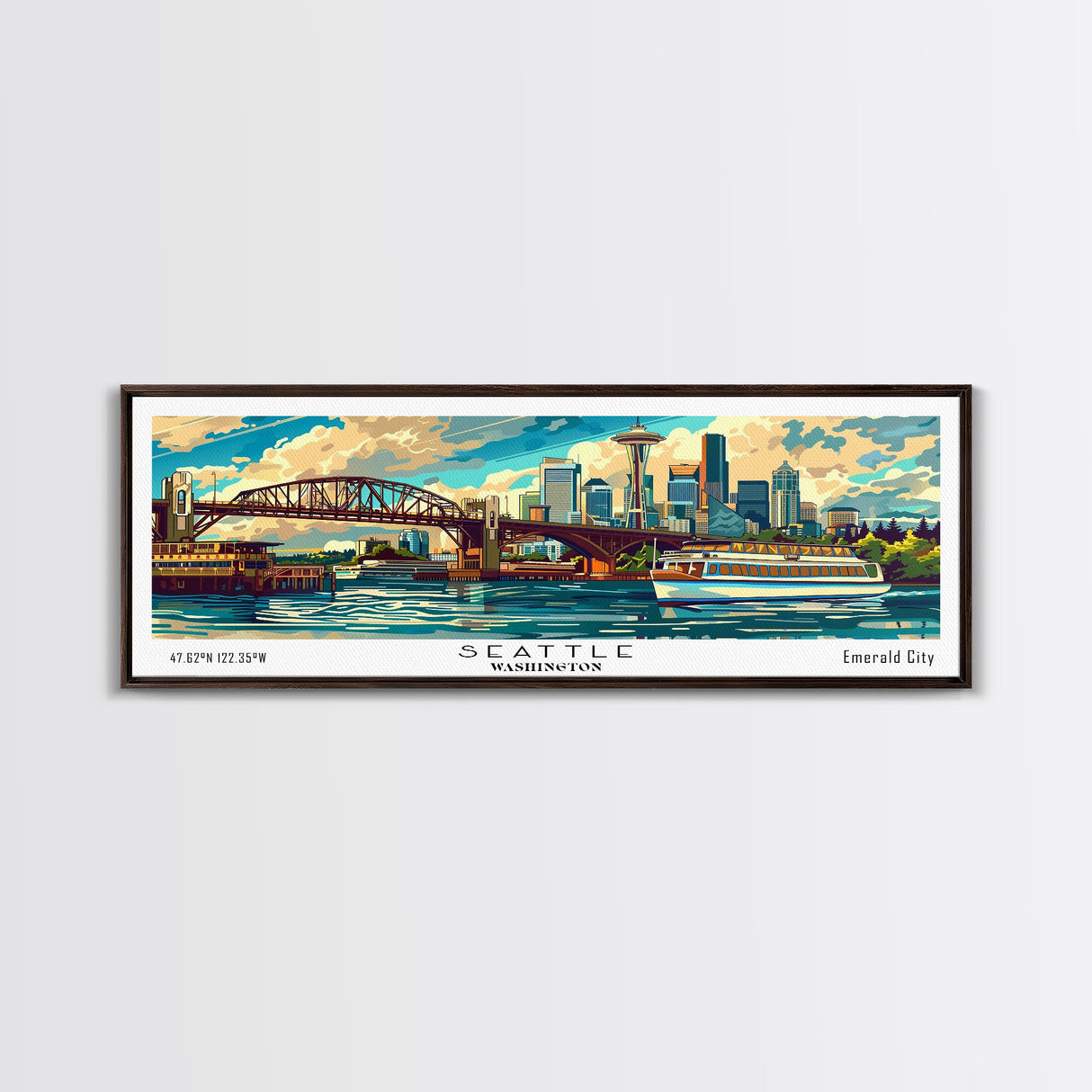 Seattle Washington Panoramic Painting, Mid Century Modern Framed Canvas Print, Retro Style Wall Art, Pop Art Travel Poster