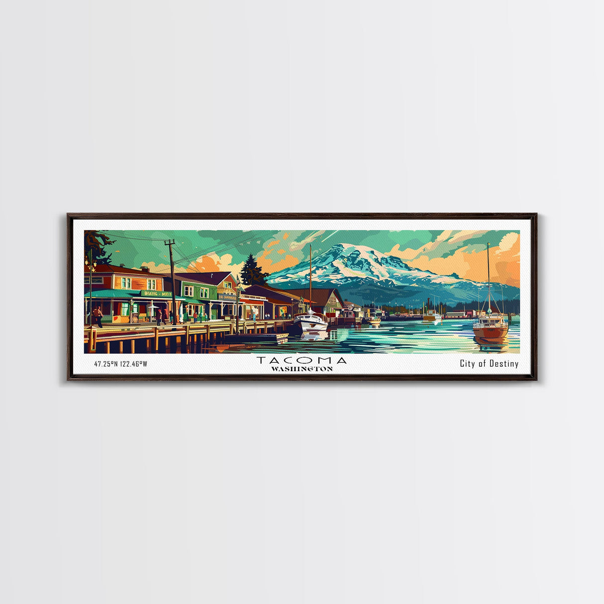 Tacoma Washington Panoramic Painting, Mid Century Modern Framed Canvas Print, Retro Pop Art Travel Poster, Wall Decor, Gift Idea