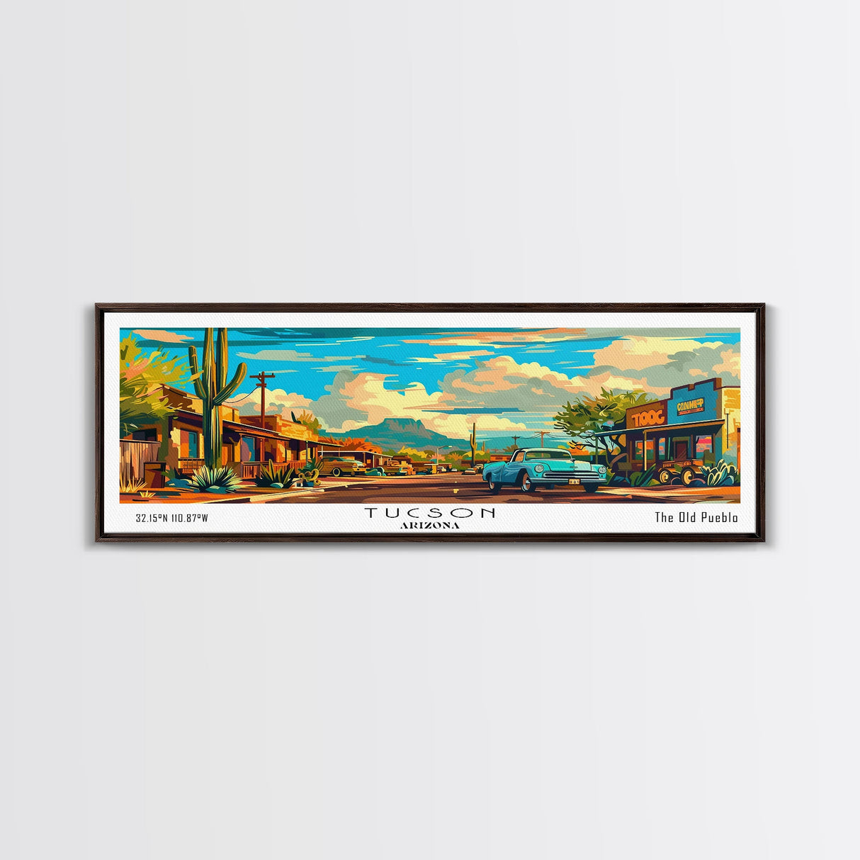 Tucson Arizona Panoramic Wall Art, Mid Century Modern Framed Canvas Print, Retro Pop Art Travel Poster, Office Wall Art, Living Room Decor