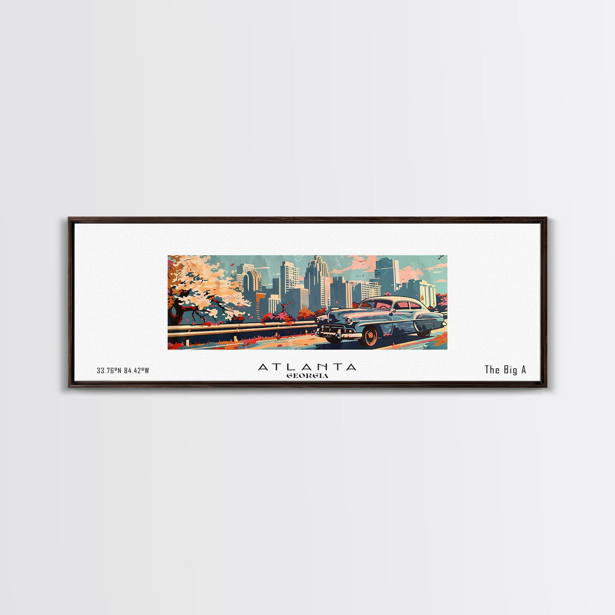 Atlanta Georgia Panoramic Painting, Mid Century Modern Framed Canvas Print, Retro Pop Art Travel Poster, Wall Decor, Gift Idea, Home Decor