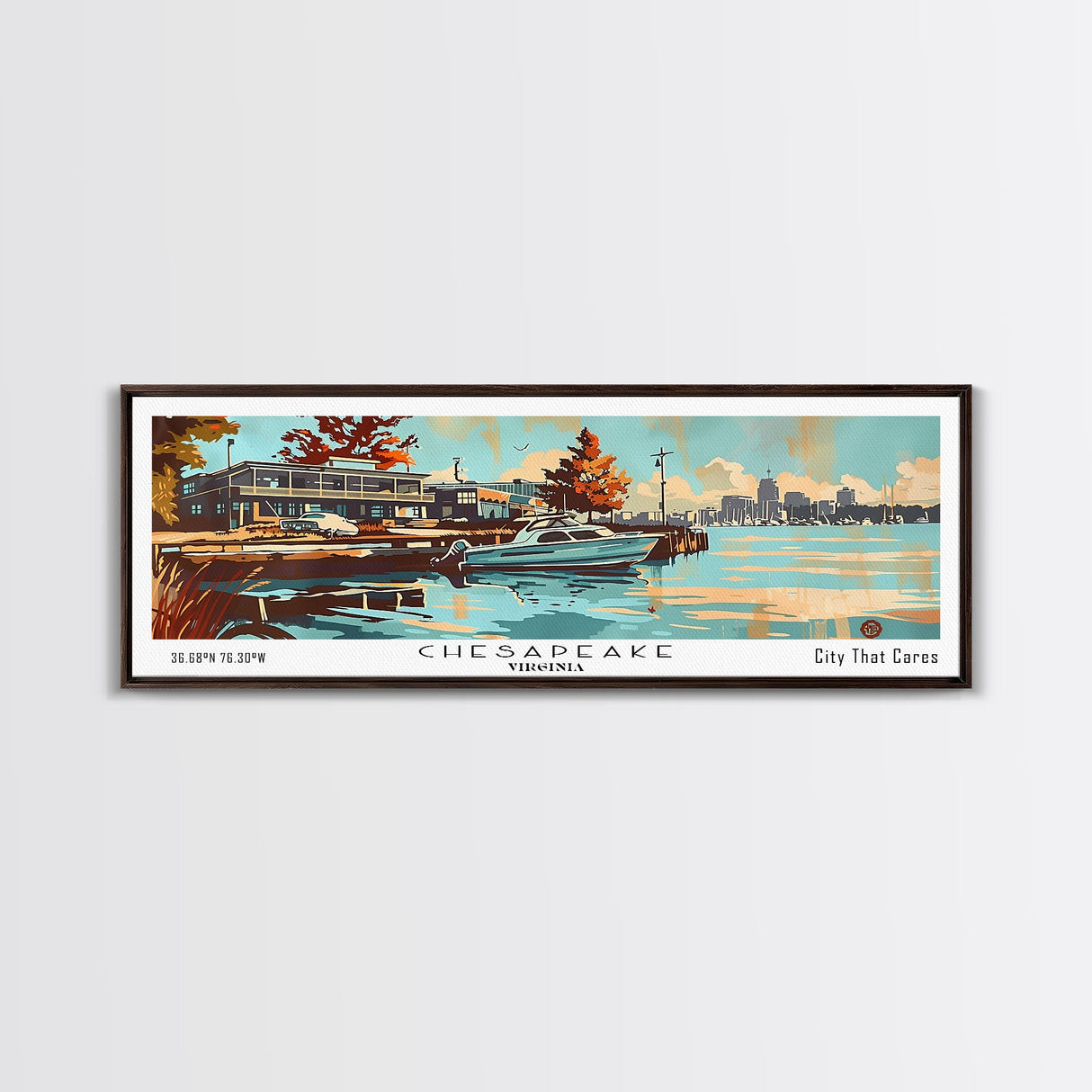 Chesapeake Virginia Panoramic Wall Art, Mid Century Modern Framed Canvas Print, Retro Pop Art Travel Poster, Office Art, Living Room Decor