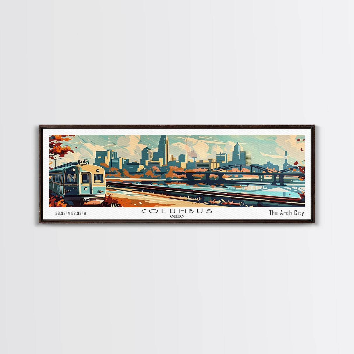 Columbus Ohio Panoramic Painting, Mid Century Modern Framed Canvas Print, Retro Pop Art Travel Poster, Wall Art, Home Decor, Office Art, Gift Idea