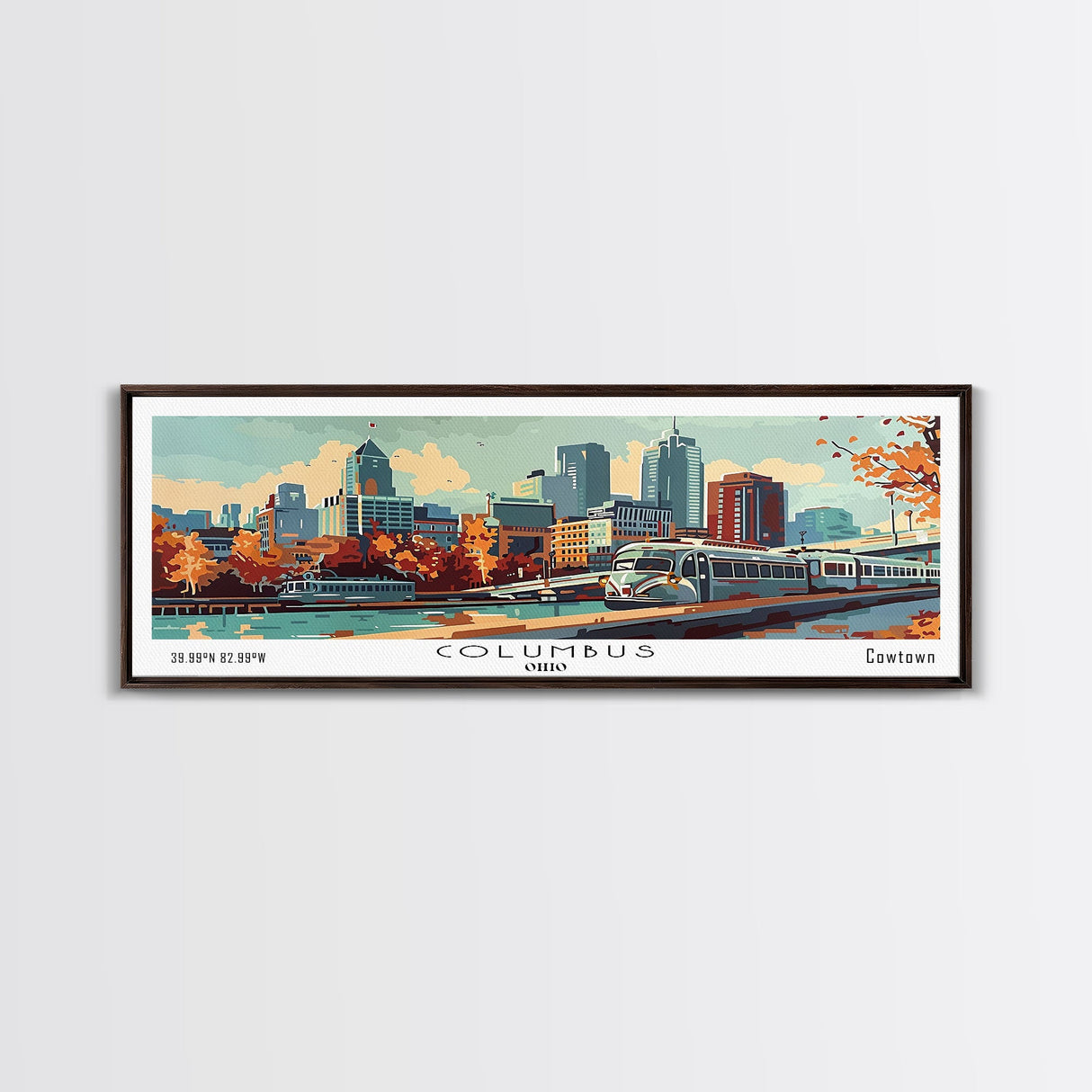 Columbus Ohio Panoramic Painting, Mid Century Modern Framed Canvas Print, Retro Pop Art Travel Poster, Wall Art, Home Decor, Office Art, Gift Idea