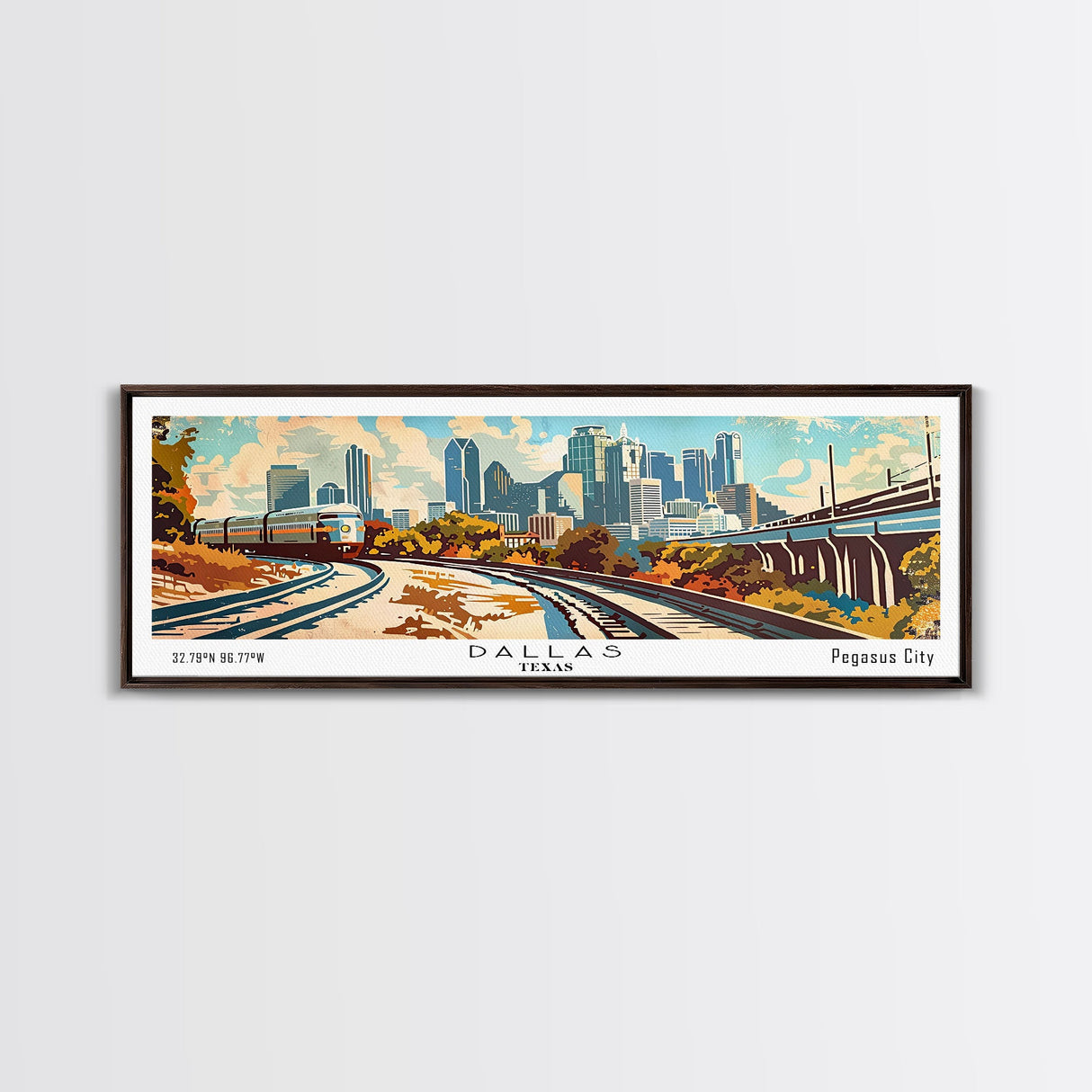 Dallas Texas Panoramic Wall Art, Retro Pop Art Framed Canvas Print, Mid Century Modern Travel Poster, Living Room Decor, Office Art