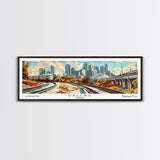 Dallas Texas Panoramic Wall Art, Retro Pop Art Framed Canvas Print, Mid Century Modern Travel Poster, Living Room Decor, Office Art