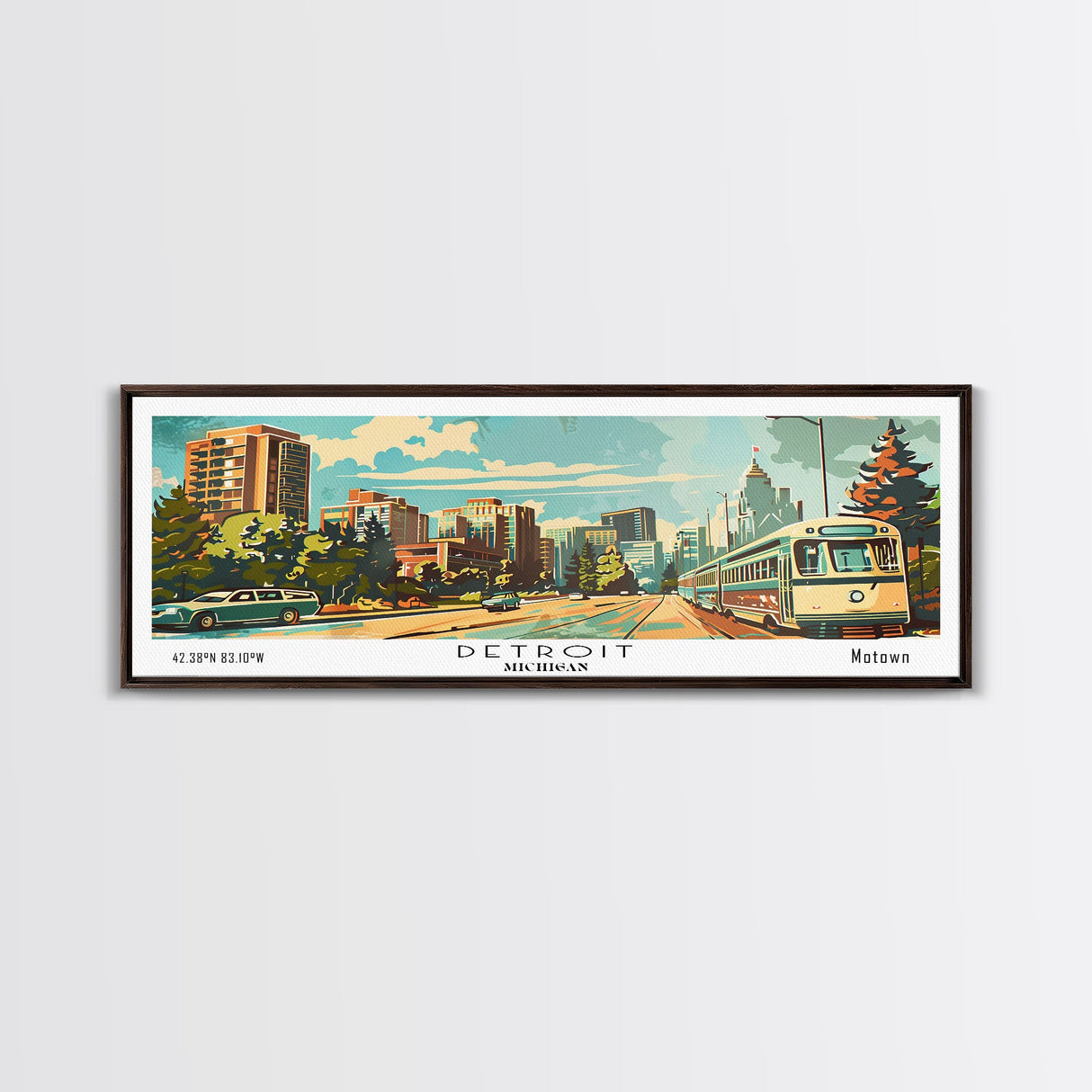 Detroit Michigan Panoramic Wall Art, Mid Century Modern Framed Canvas Print, Retro Pop Art Travel Poster, Office Art, Living Room Decor