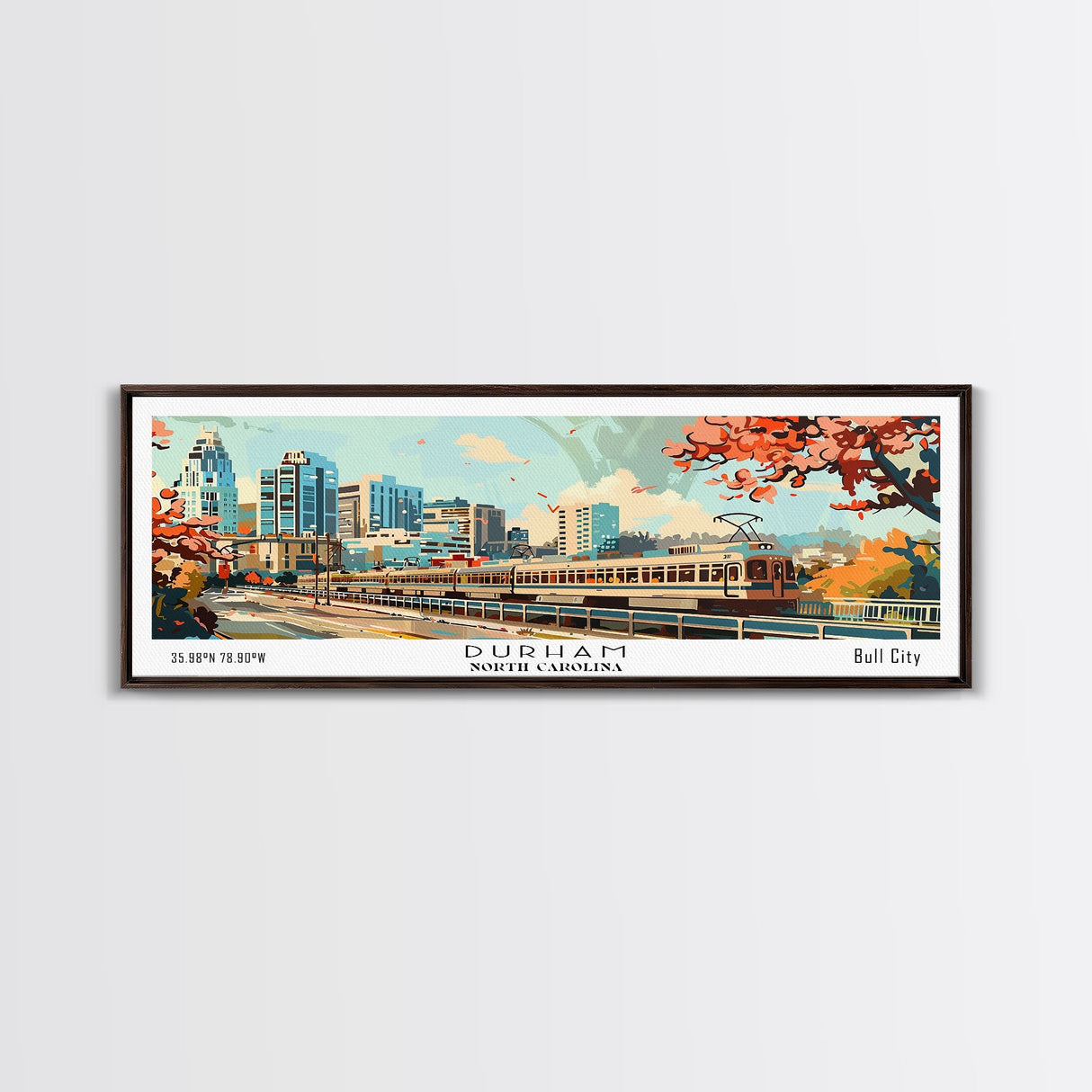 Durham North Carolina Panoramic Painting, Mid Century Modern Framed Canvas Print, Retro Pop Art Travel Poster, Wall Decor, Home Decor, Wall Hanging