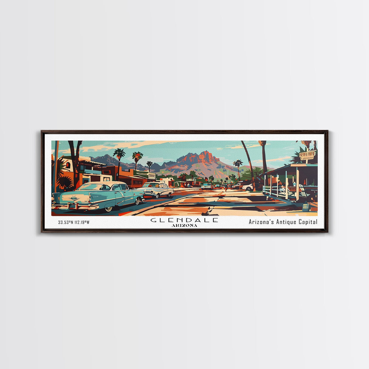 Glendale Arizona Panoramic Wall Art, Mid Century Modern Framed Canvas Print, Retro Pop Art Travel Poster, Home Decor, Office Wall Art, Gift Idea