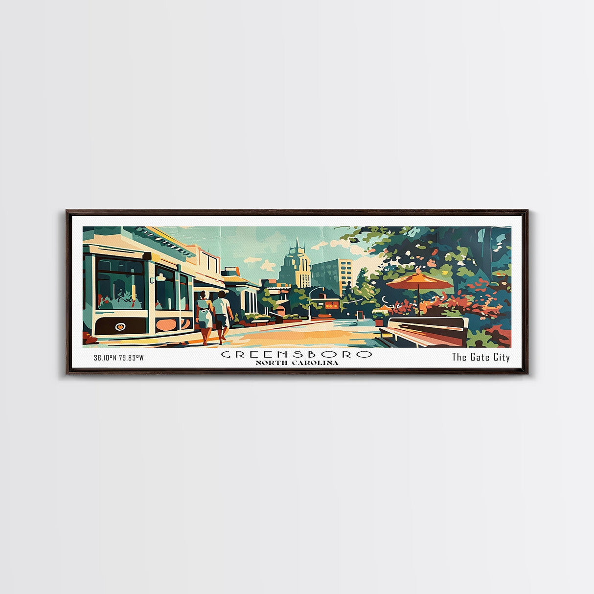 Greensboro North Carolina Panoramic Painting, Mid Century Modern Framed Canvas Print, Retro Pop Art Travel Poster, Wall Art, Living Room Decor, Office Art