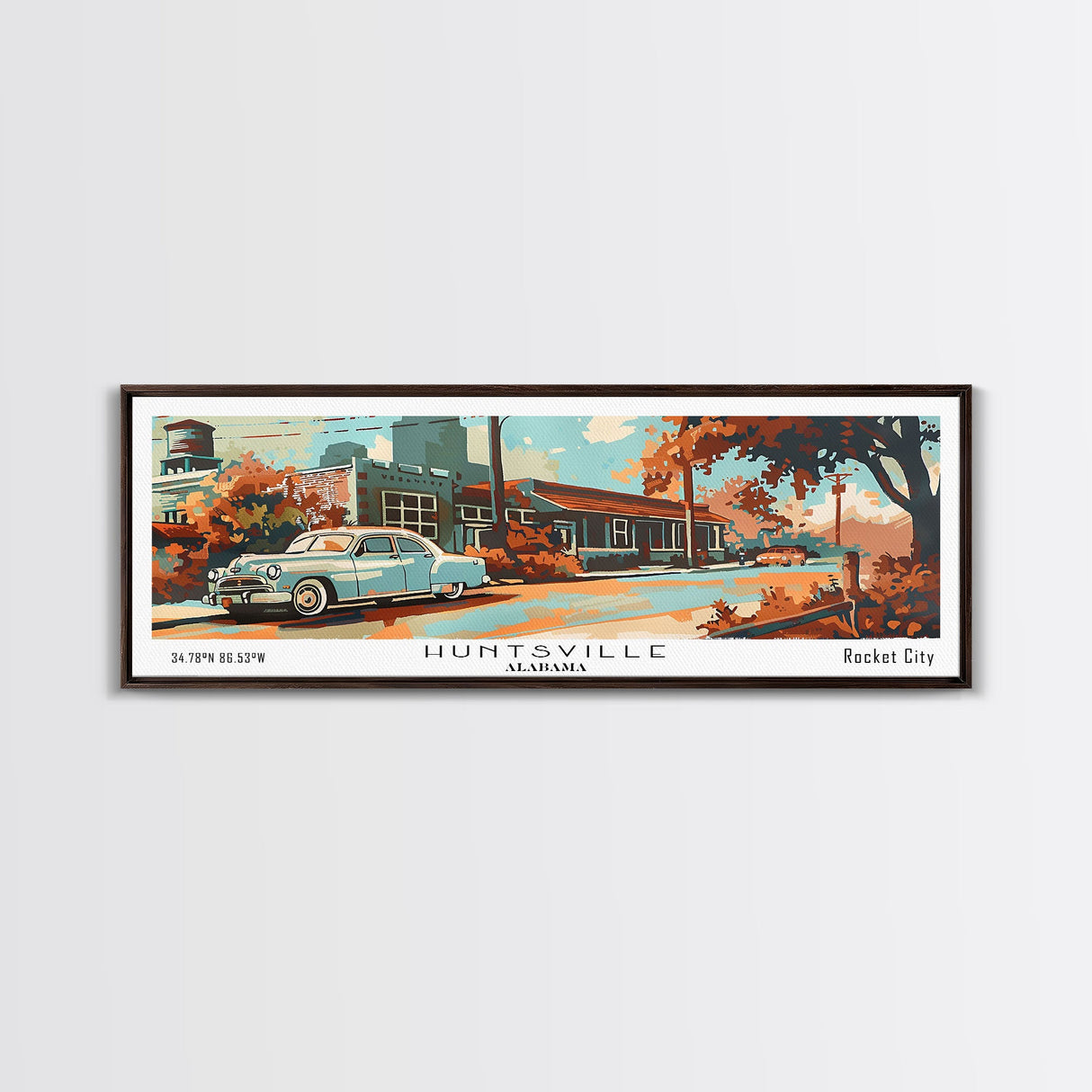 Huntsville Alabama Panoramic Wall Art, Mid Century Modern Framed Canvas Print, Retro Pop Art Travel Poster, Home Decor, Office Art, Gift Idea, Wall Hanging