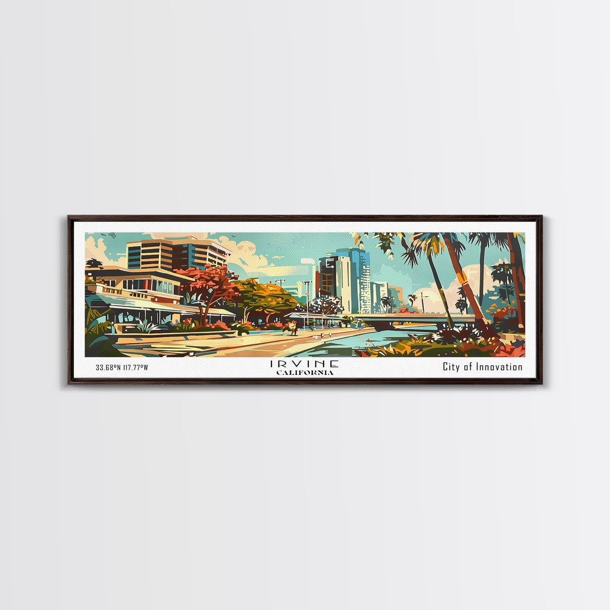 Irvine California Panoramic Wall Art, Mid Century Modern Framed Canvas Print, Retro Pop Art Travel Poster, Home Decor, Living Room Art, Office Wall Hanging