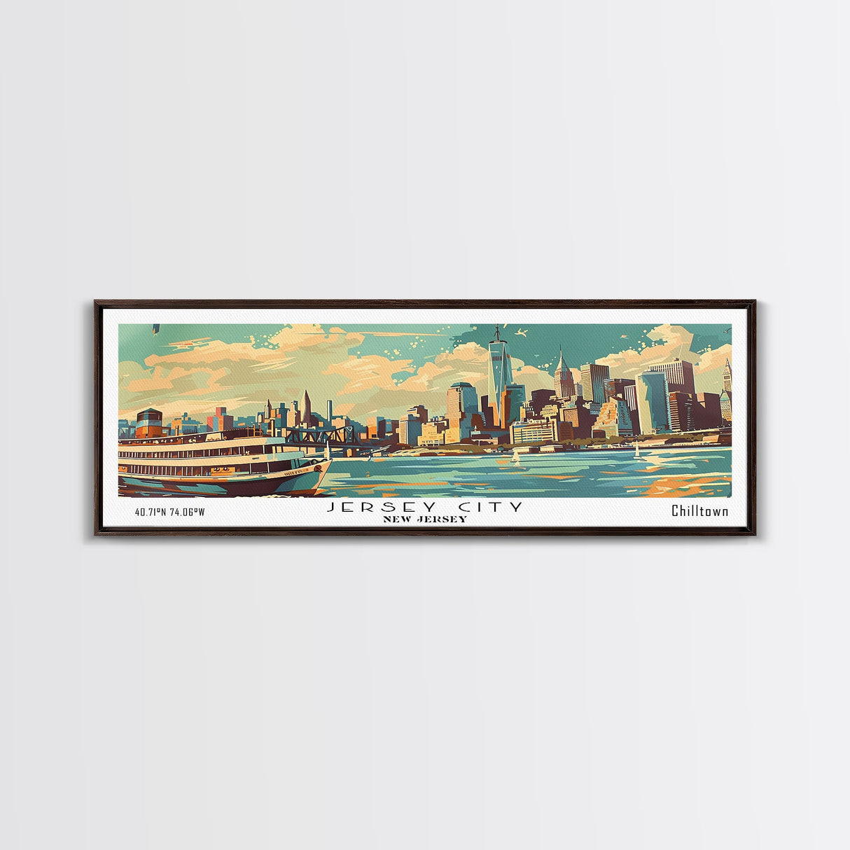 Jersey City New Jersey Panoramic Painting, Mid Century Modern Framed Canvas Print, Retro Pop Art Travel Poster, Wall Art, Home Decor, Office Wall Art, Living Room Decor