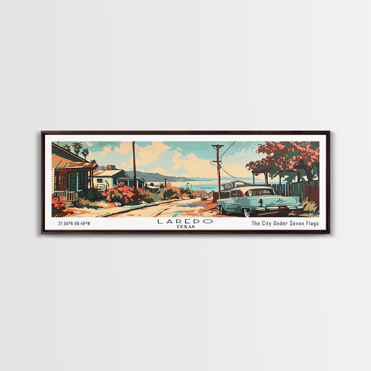 Laredo Texas Panoramic Painting, Mid Century Modern Framed Canvas Print, Retro Pop Art Travel Poster, Wall Art, Living Room Decor, Office Wall Art, Home Decor