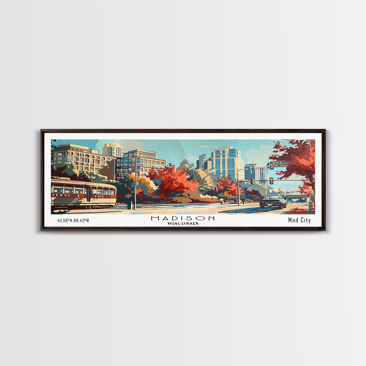 Madison Wisconsin Panoramic Painting, Mid Century Modern Framed Canvas Print, Retro Pop Art Travel Poster, Wall Art, Home Decor, Office Wall Art, Living Room Decor