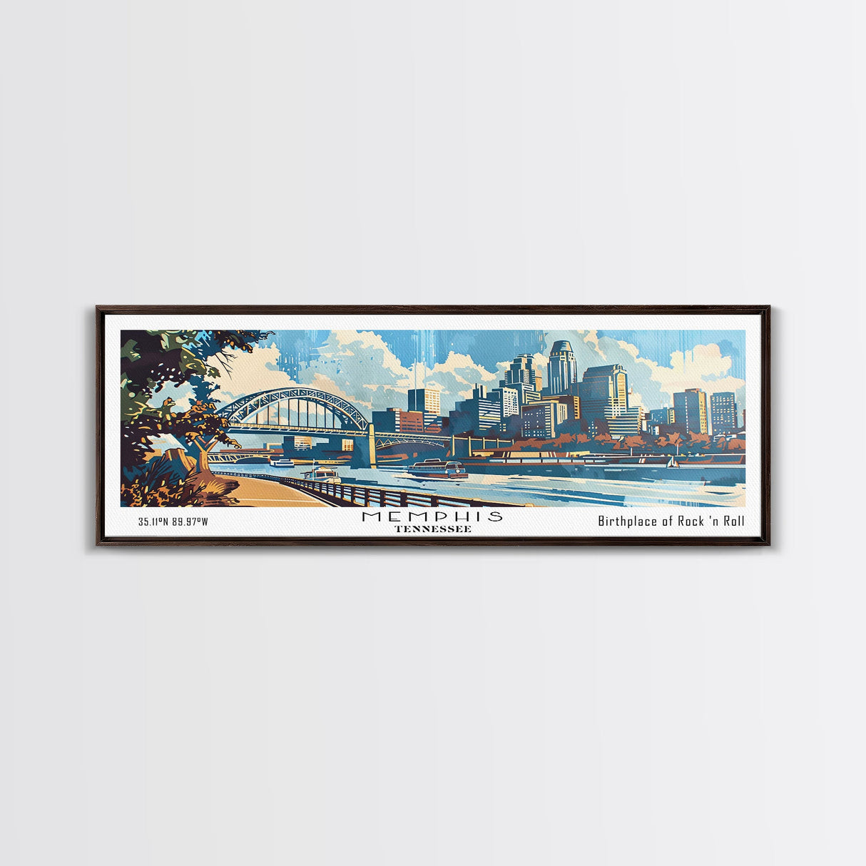 Memphis Tennessee Panoramic Wall Art, Mid Century Modern Framed Canvas Print, Retro Pop Art Travel Poster, Home Decor, Office Art, Gift Idea, Living Room Wall Hanging