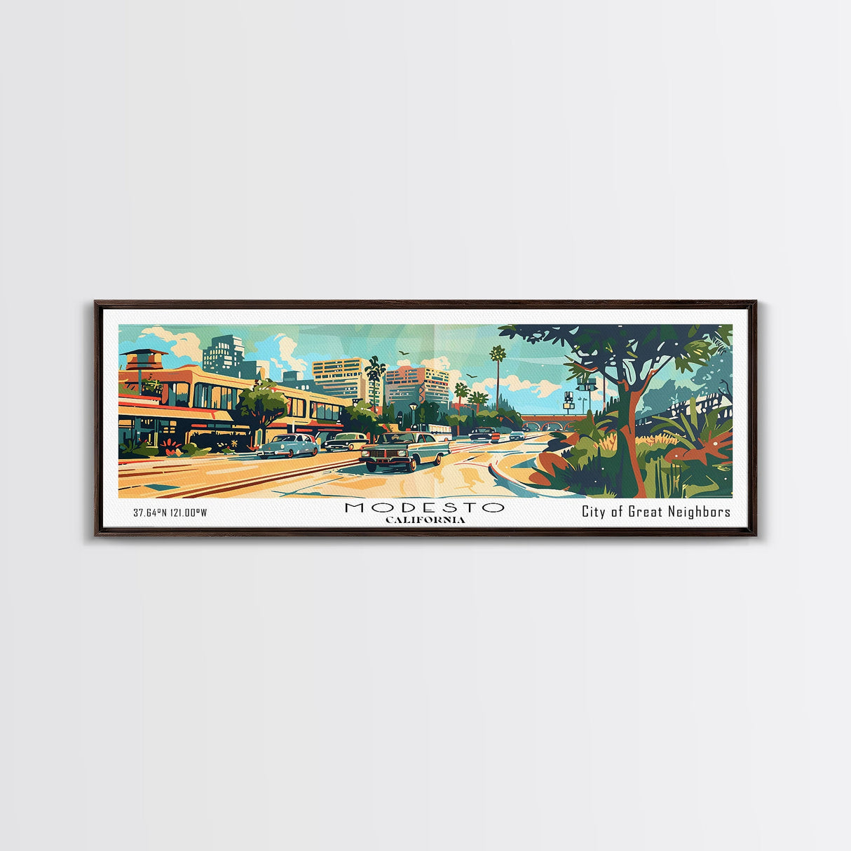 Modesto California Panoramic Wall Art, Mid Century Modern Framed Canvas Print, Retro Pop Art Travel Poster, Home Decor, Office Art, Living Room Wall Hanging, Gift Idea