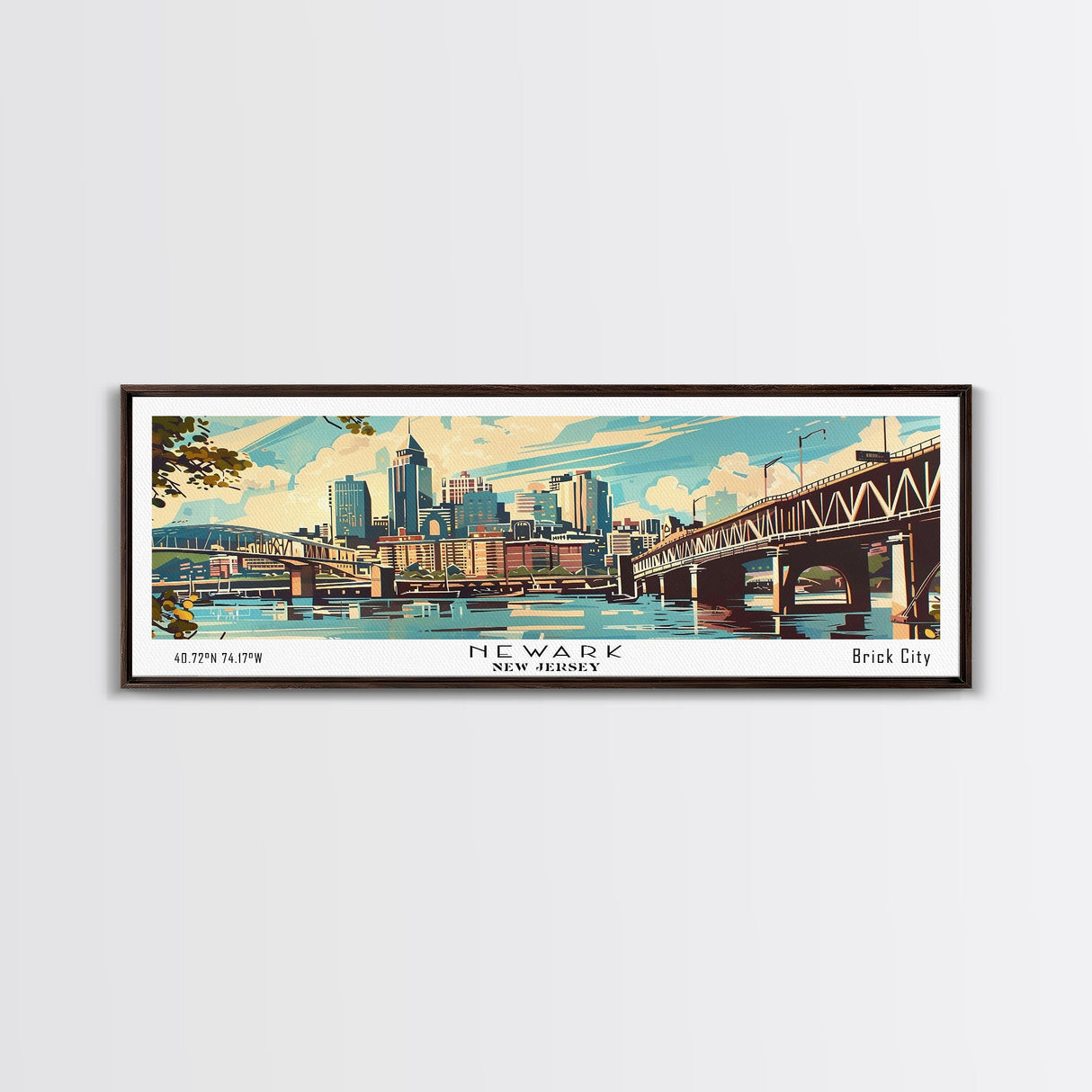 Newark New Jersey Panoramic Wall Art, Mid Century Modern Framed Canvas Print, Retro Pop Art Travel Poster, Home Decor, Office Art, Gift Idea, Living Room Wall Hanging