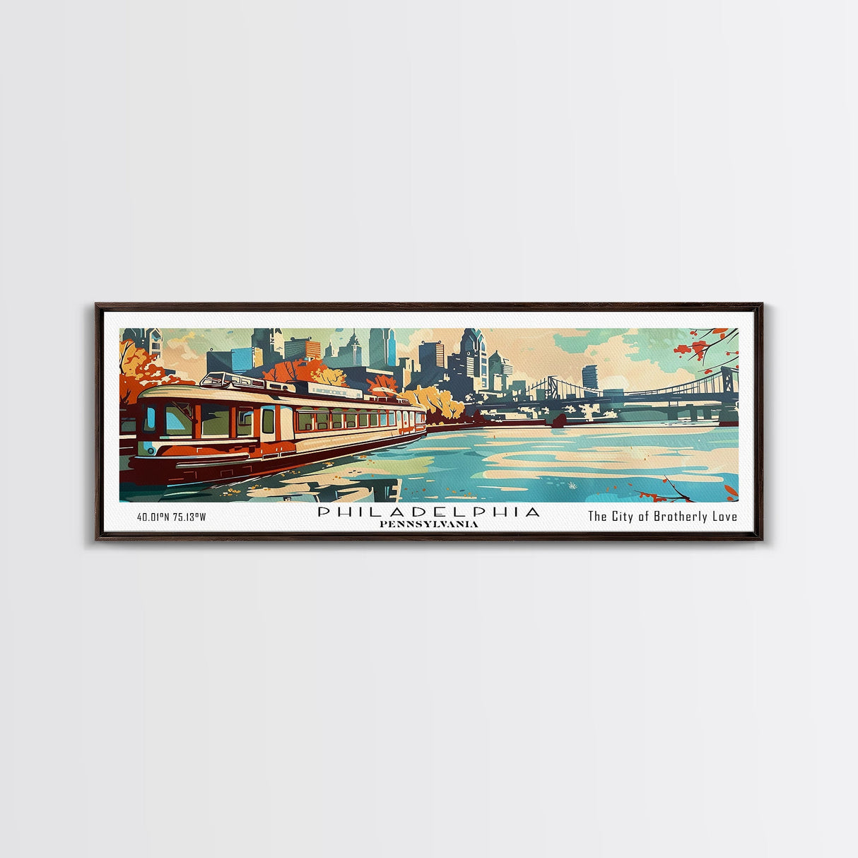 Philadelphia Pennsylvania Panoramic Wall Art, Retro Pop Art Framed Canvas Print, Mid Century Modern Travel Poster, Living Room Decor