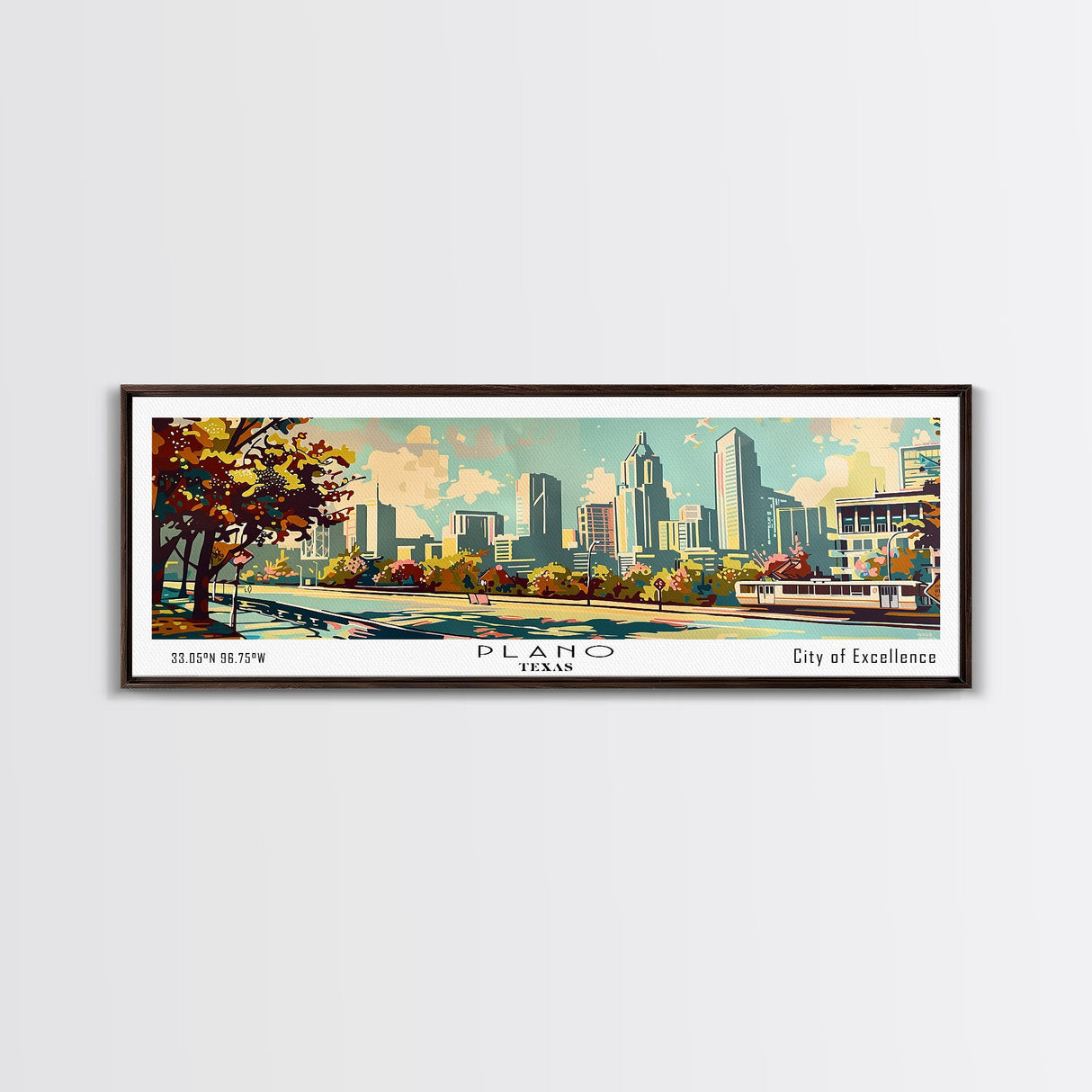 Plano Texas Panoramic Painting, Mid Century Modern Framed Canvas Print, Retro Pop Art Travel Poster, Living Room and Office Decor