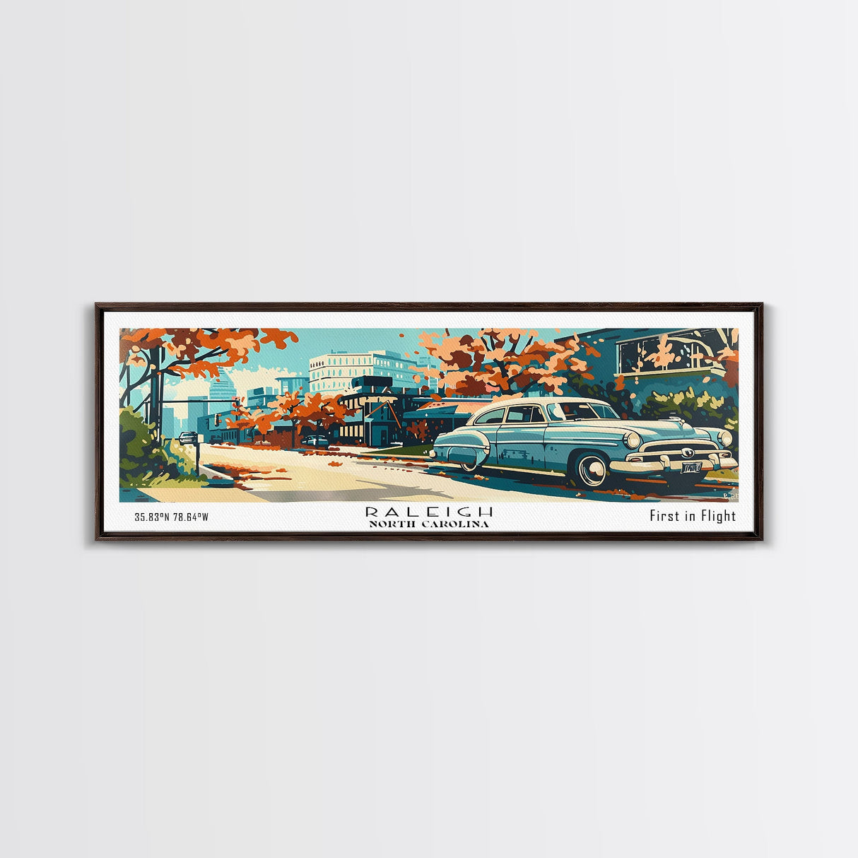 Raleigh North Carolina Panoramic Painting, Mid Century Modern Framed Canvas Print, Retro Pop Art Travel Poster, Living Room and Office Wall Art