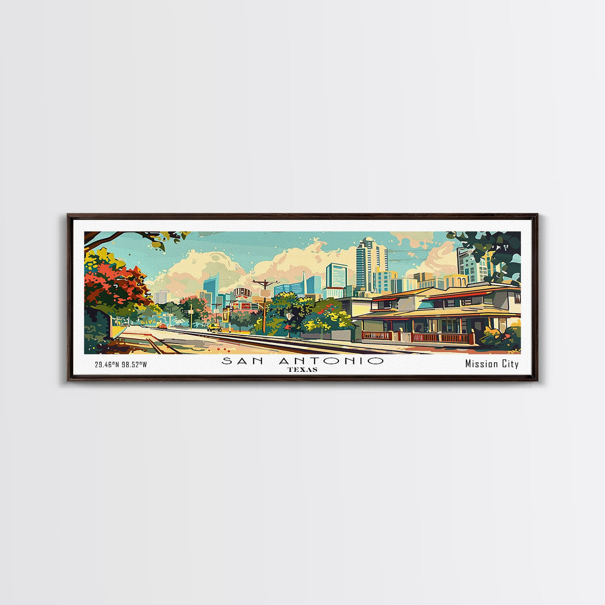 San Antonio Texas Panoramic Wall Art, Mid Century Modern Framed Canvas Print, Retro Pop Art Travel Poster, Living Room and Office Decor