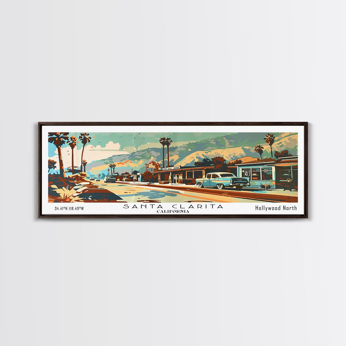 Santa Clarita California Panoramic Wall Art, Mid Century Modern Framed Canvas Print, Retro Pop Art Travel Poster, Living Room and Office Decor