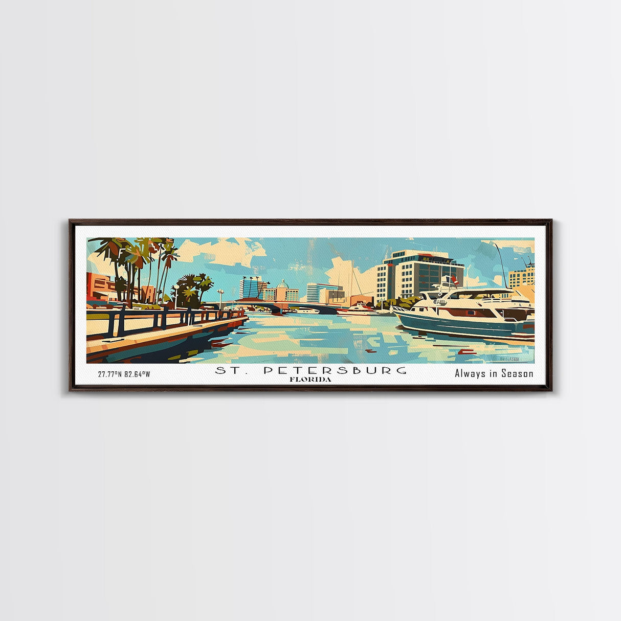 St. Petersburg Florida Panoramic Wall Art, Mid Century Modern Framed Canvas Print, Retro Pop Art Travel Poster, Living Room and Office Wall Art