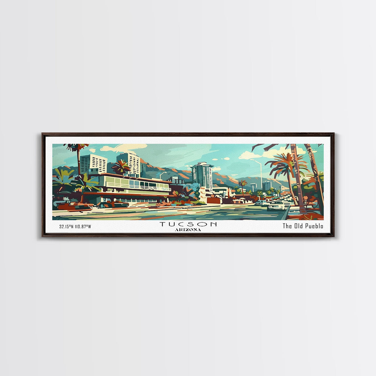 Tucson Arizona Panoramic Wall Art, Mid Century Modern Framed Canvas Print, Retro Pop Art Travel Poster, Living Room and Office Decor