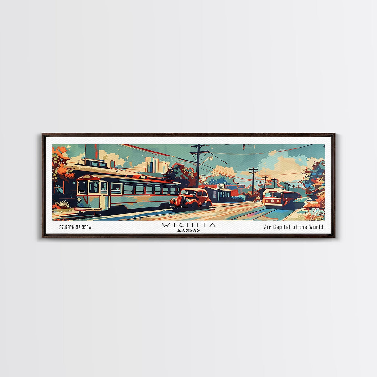 Wichita Kansas Panoramic Painting, Mid Century Modern Framed Canvas Print, Retro Pop Art Travel Poster, Living Room Wall Art and Office Decor