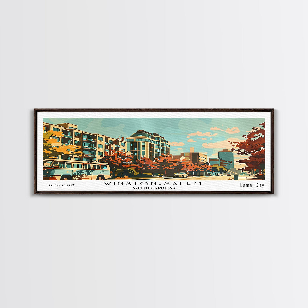 Winston-Salem North Carolina Panoramic Painting, Mid Century Modern Framed Canvas Print, Retro Pop Art Travel Poster, Living Room Wall Art Decor