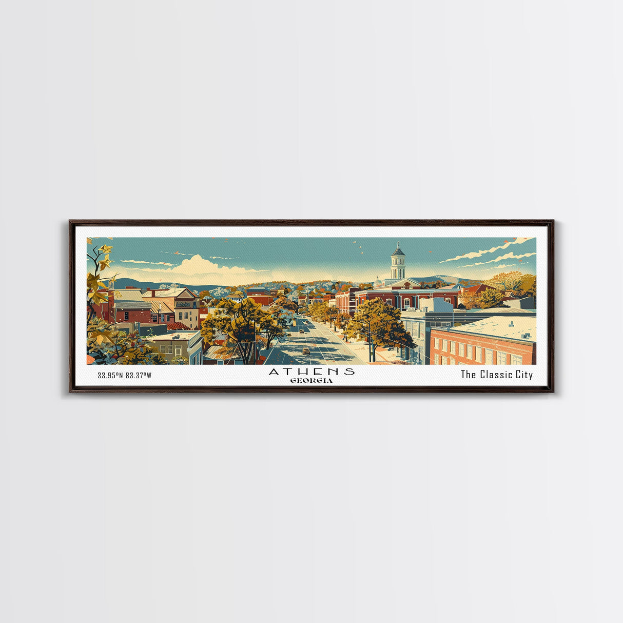 Athens Georgia Panoramic Painting, Mid Century Modern Framed Canvas Print, Retro Pop Art Travel Poster, Living Room Wall Art Decor, City Print