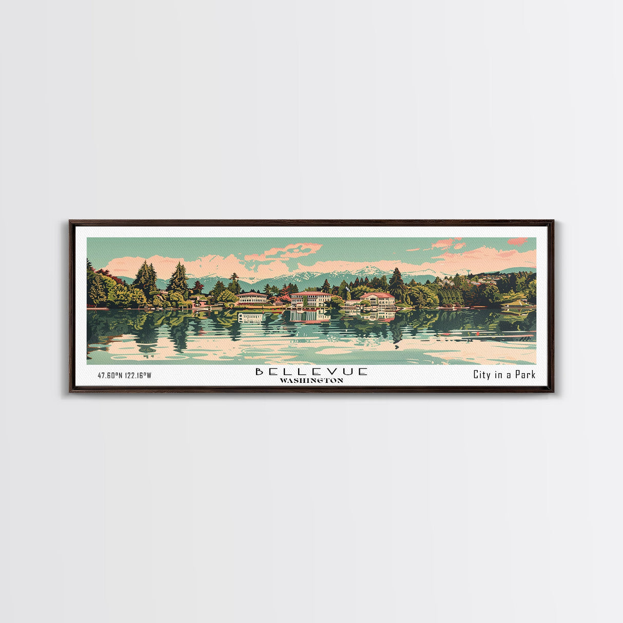 Bellevue Washington Panoramic Painting, Mid Century Modern Framed Canvas Print, Retro Pop Art Travel Poster, Office Wall Art, City Print