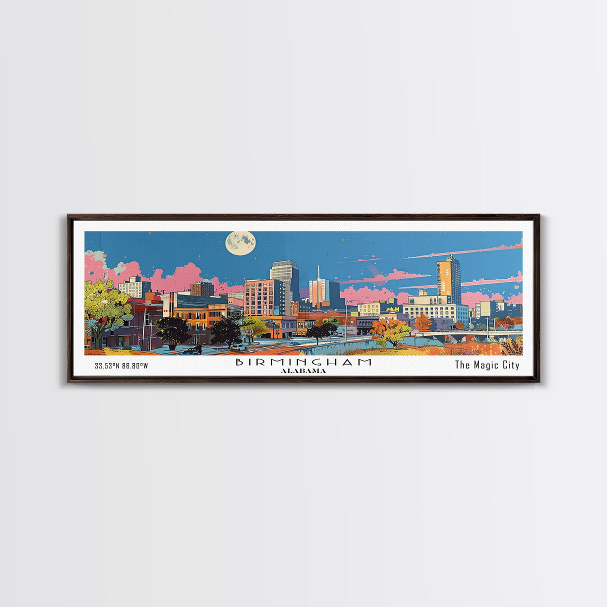 Birmingham Alabama Panoramic Painting, Mid Century Modern Framed Canvas Print, Retro Pop Art Travel Poster, Office Wall Art, City Print