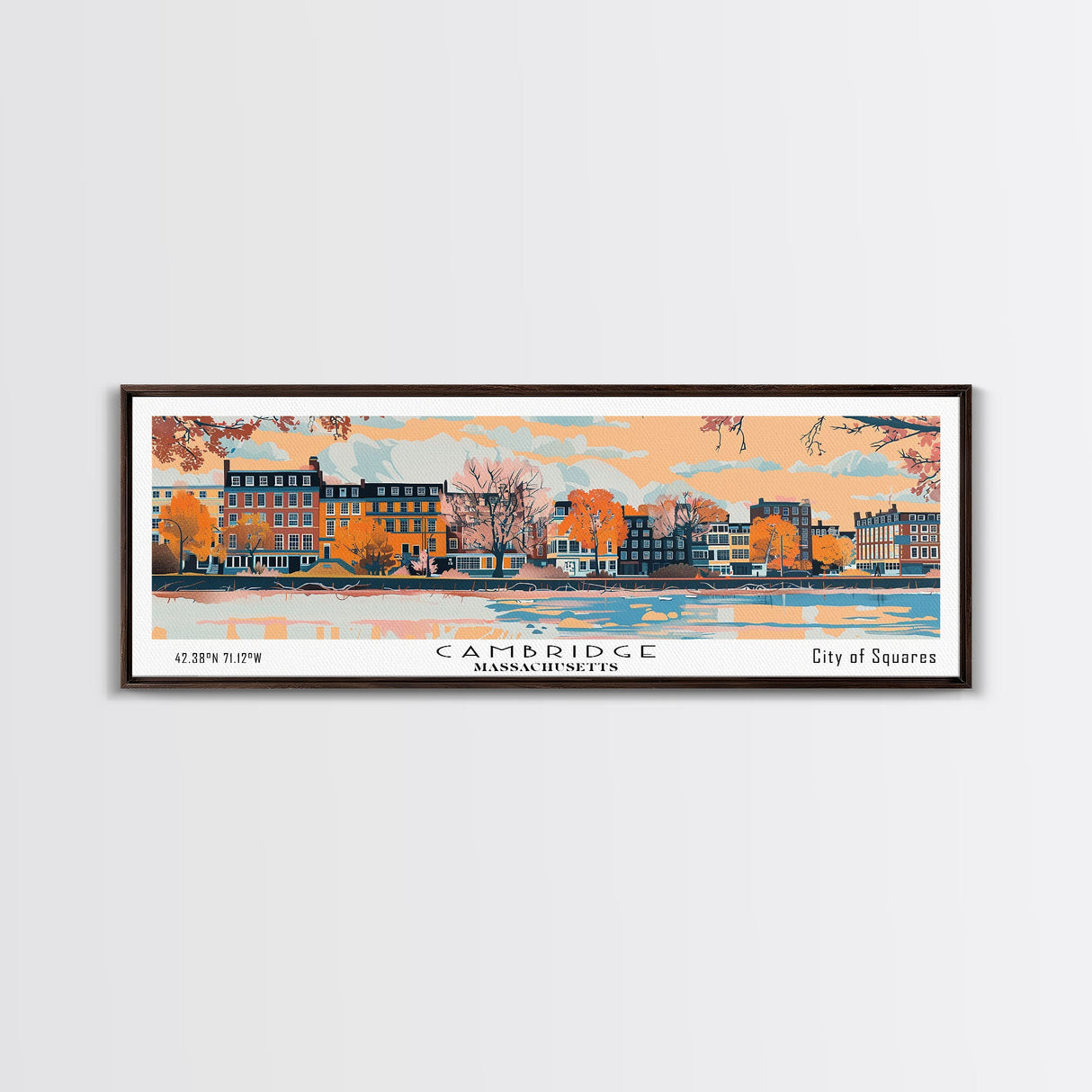 Cambridge Massachusetts Panoramic Painting, Mid Century Modern Framed Canvas Print, Retro Pop Art Travel Poster, Home Decor, City Print