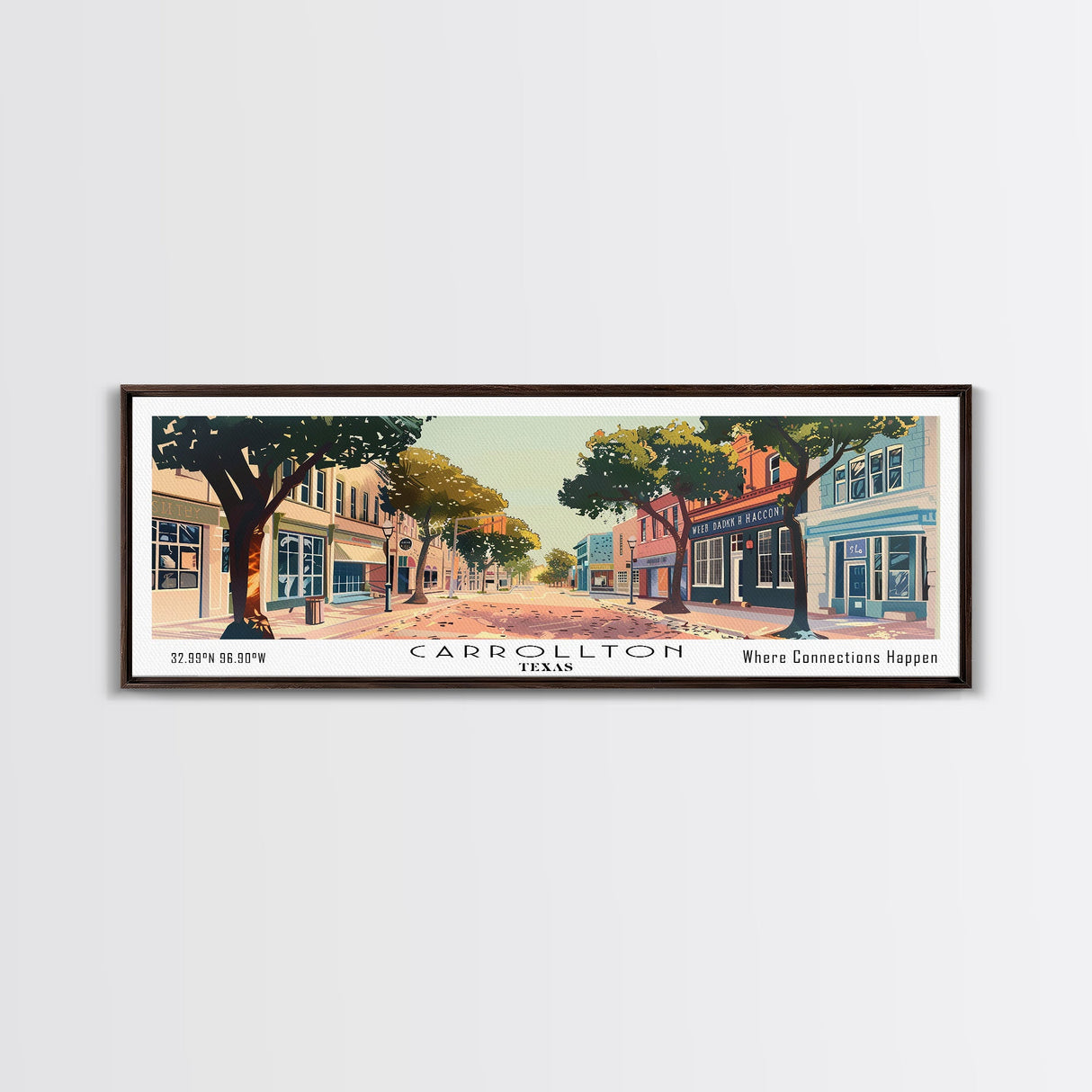 Carrollton Texas Panoramic Painting, Mid Century Modern Framed Canvas Print, Retro Pop Art Travel Poster, Office Wall Art, City Print