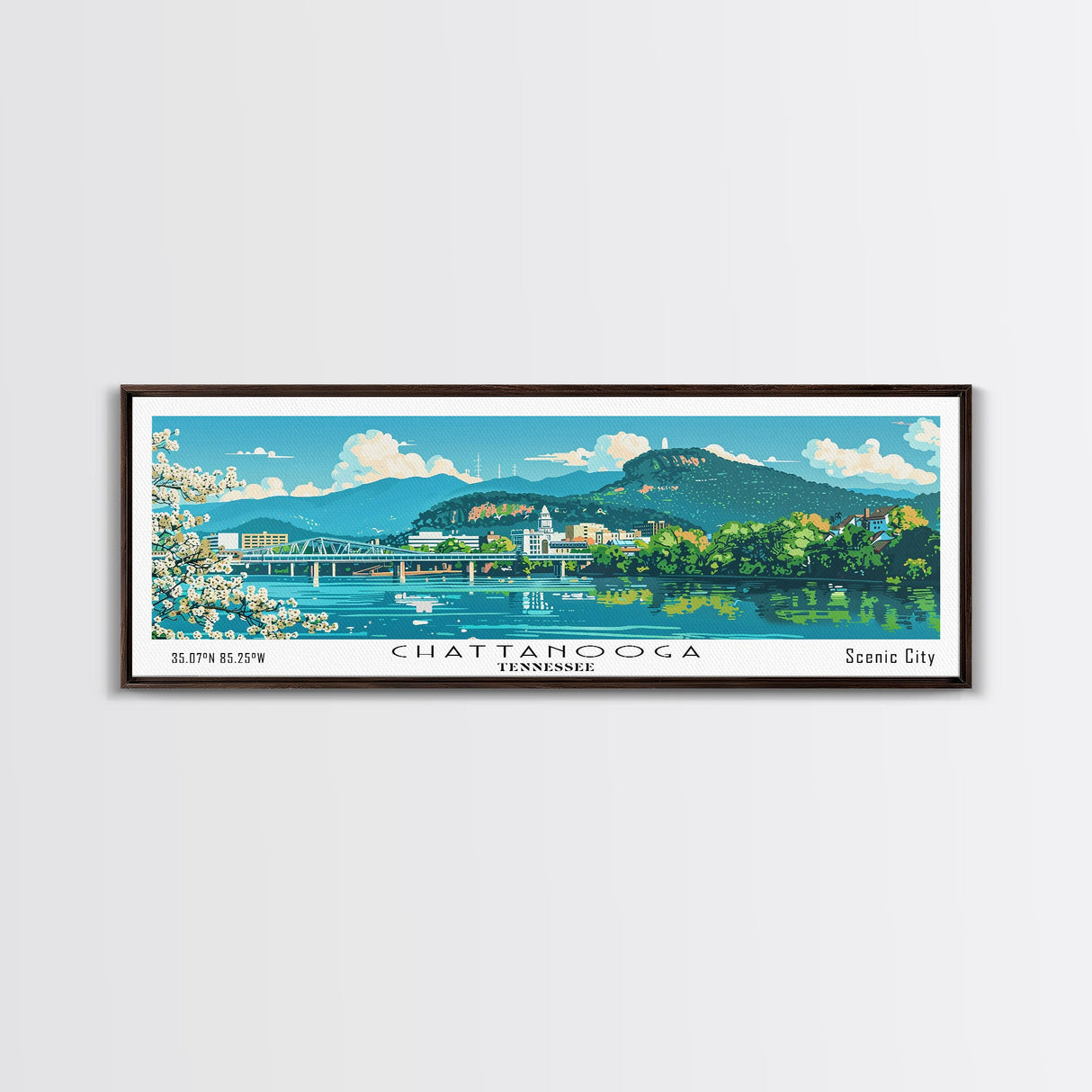 Chattanooga Tennessee Panoramic Painting, Mid Century Modern Framed Canvas Print, Retro Pop Art Travel Poster, Home Decor, City Print