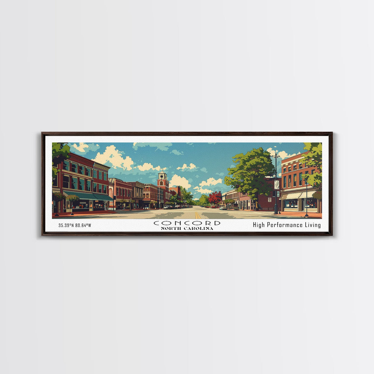 Concord North Carolina Panoramic Wall Art, Mid Century Modern Framed Canvas Print, Retro Pop Art Travel Poster, City Office Art, Home Decor