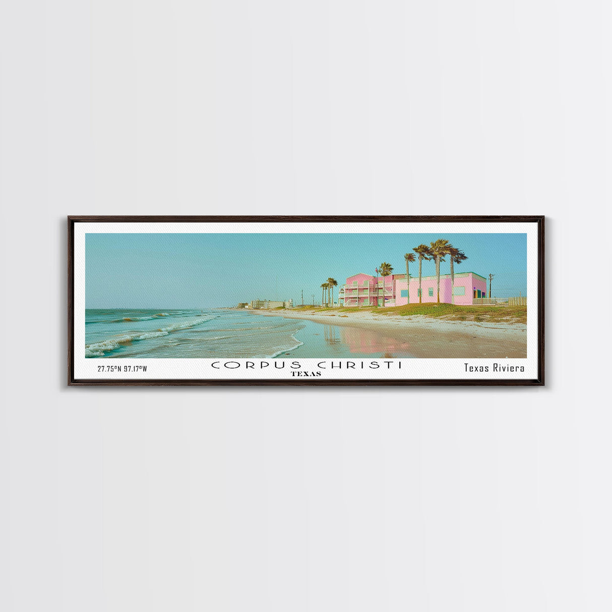 Corpus Christi Texas Panoramic Painting, Mid Century Modern Framed Canvas Print, Retro Pop Art Travel Poster, City Home Decor, Office Wall Art