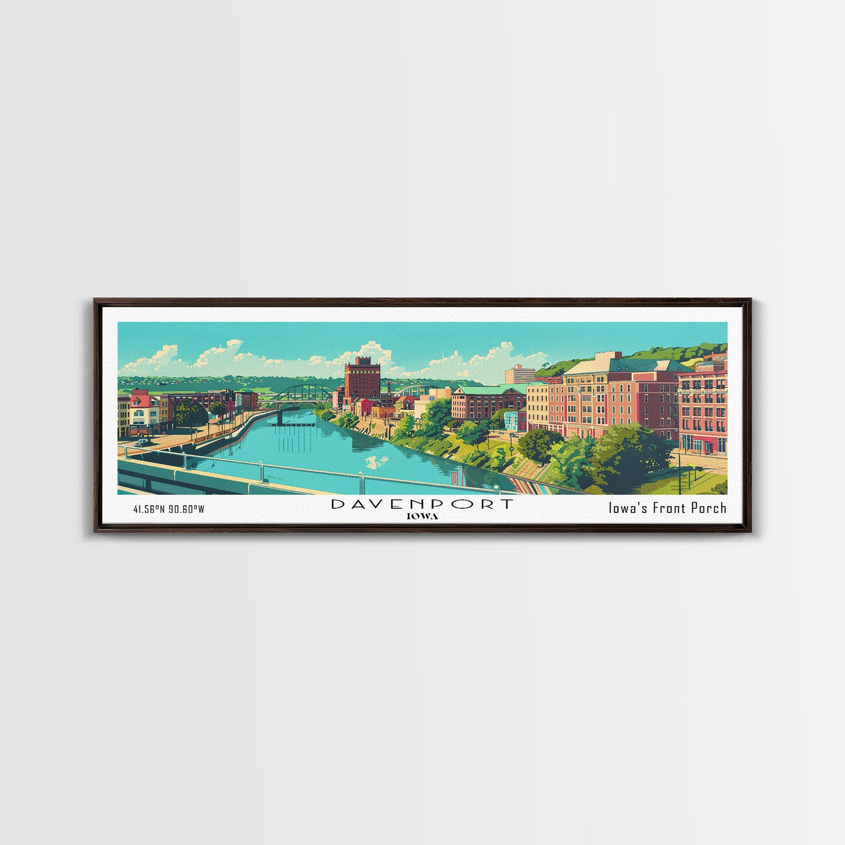 Davenport Iowa Panoramic Wall Art, Mid Century Modern Framed Canvas Print, Retro Pop Art Travel Poster, City Art Gift, Home Decor