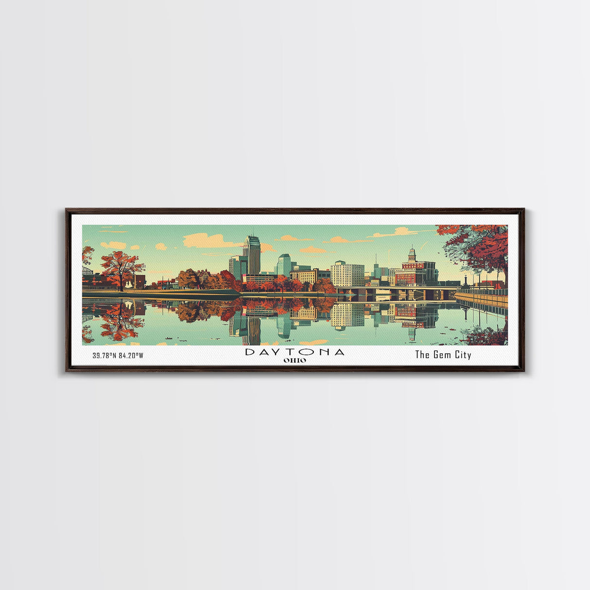 Dayton Ohio Panoramic Wall Art, Mid Century Modern Framed Canvas Print, Retro Pop Art Travel Poster, City Home Decor, Office Decor