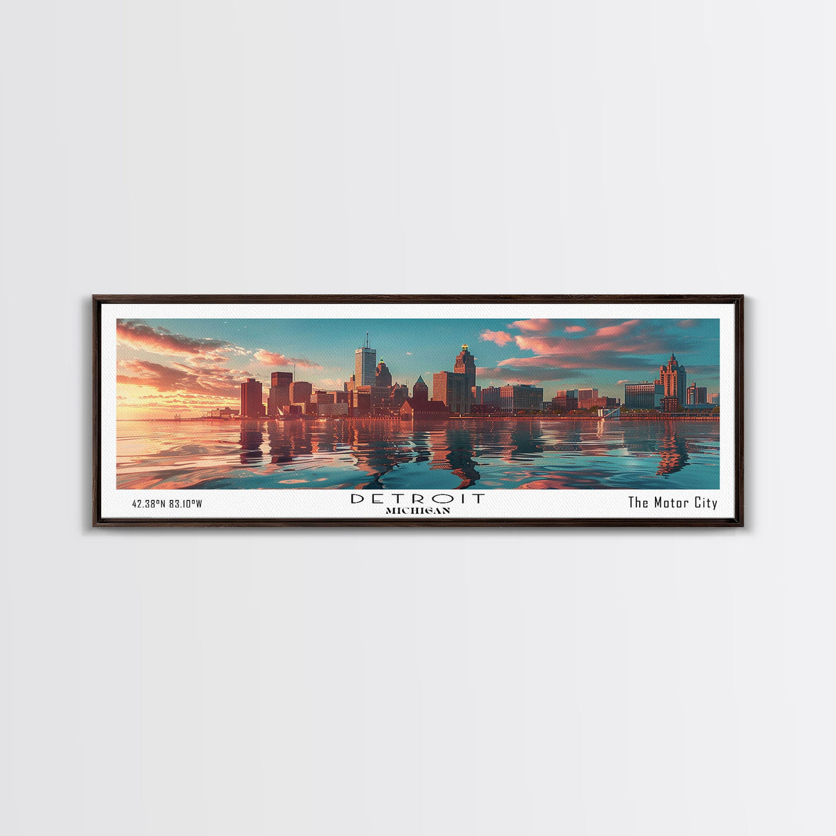 Detroit Michigan Panoramic Painting, Mid Century Modern Framed Canvas Print, Retro Pop Art Travel Poster, City Wall Decor, Home Art