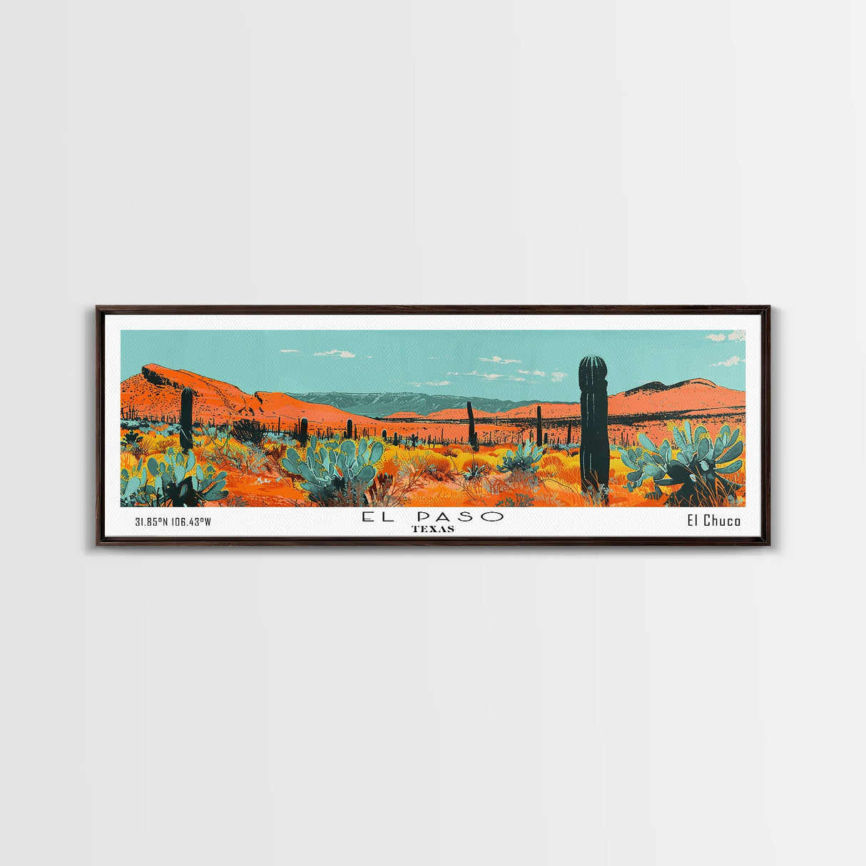 El Paso Texas Panoramic Painting, Mid Century Modern Framed Canvas Print, Retro Pop Art Travel Poster, Living Room Wall Decor