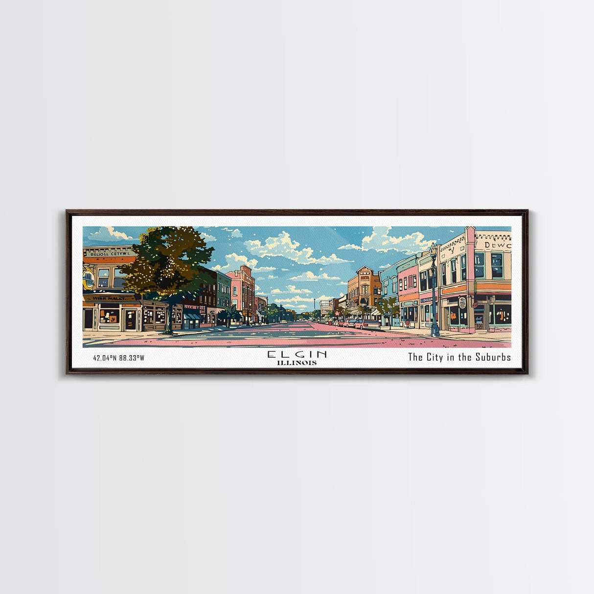 Elgin Illinois Panoramic Painting, Mid Century Modern Framed Canvas Print, Retro Pop Art Travel Poster, City Wall Art, Living Room Decor