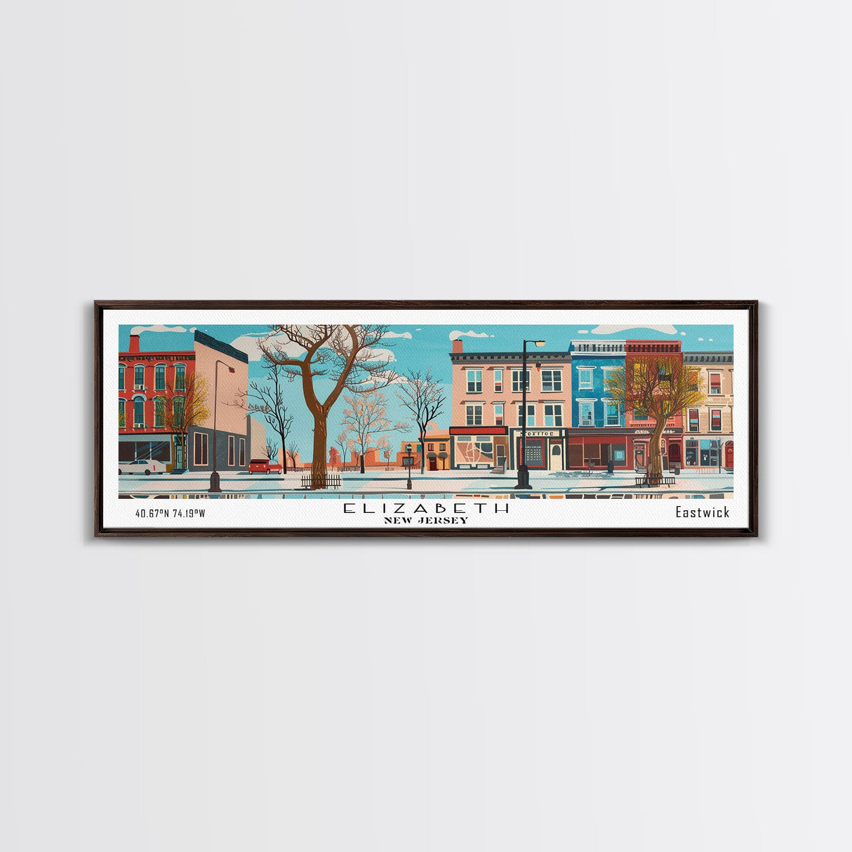 Elizabeth New Jersey Panoramic Wall Art, Mid Century Modern Framed Canvas Print, Retro Pop Art Travel Poster, City Home Decor, Office Art